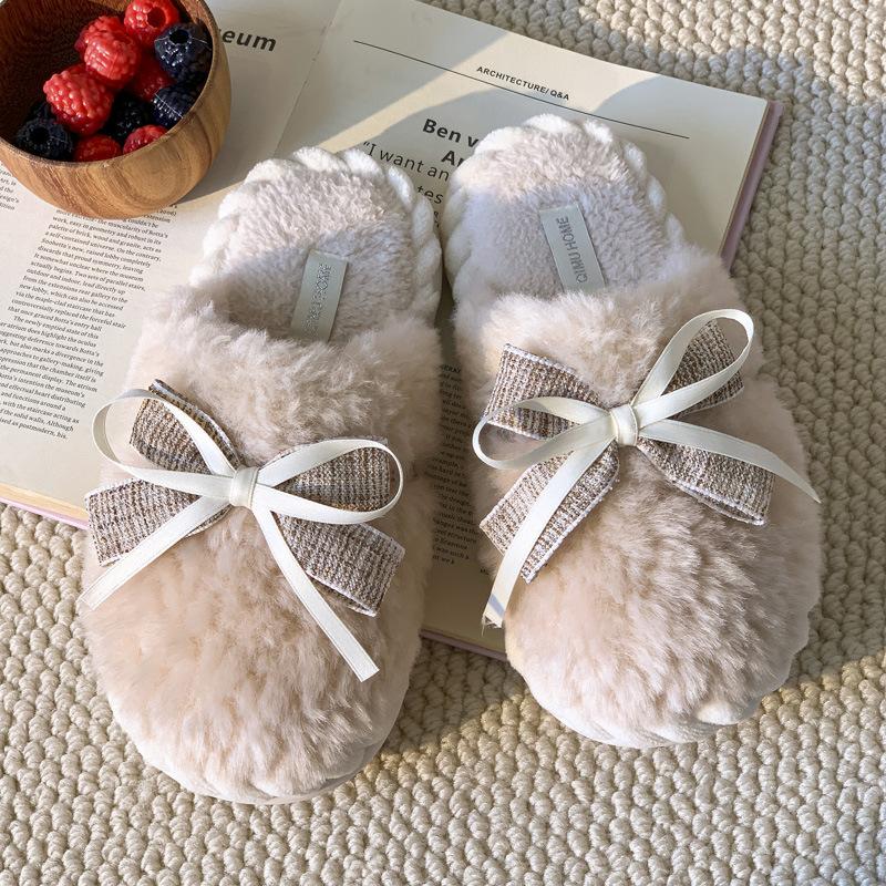 New Bow Cotton Slippers Winter Indoor Home Floor Slippers Non-slip Plush Bag Head Warm Shoes