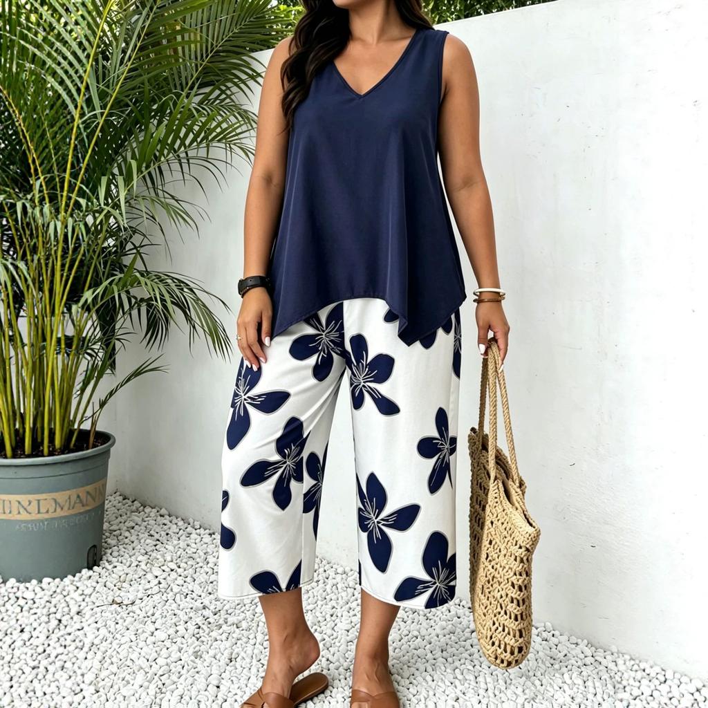 European and American cross-border TK Amazon Temu hot sale 2026 summer sleeveless V-neck top wide-leg cropped pants two-piece set