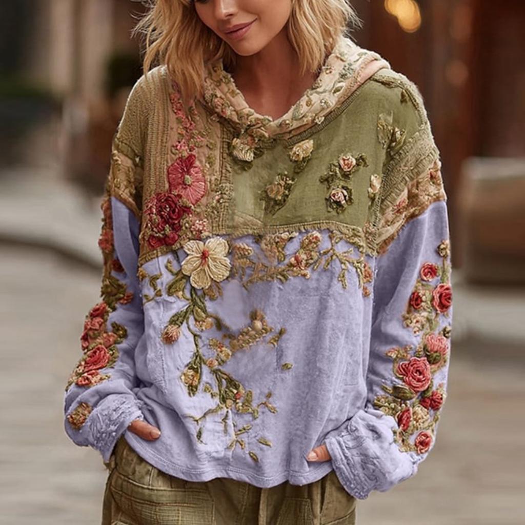 Women's Fashion Long-Sleeve Hooded Vintage Patchwork Floral Print Casual Sweatshirt Top