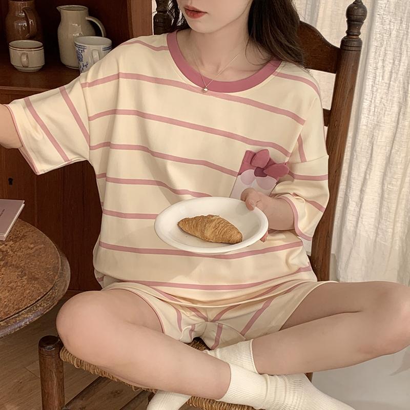 Summer Woman Pajama Cotton Cartoon Sleepwear Orange Cartoon Printing Pyjamas Set Young Lady Shorts Pullover Lingeries