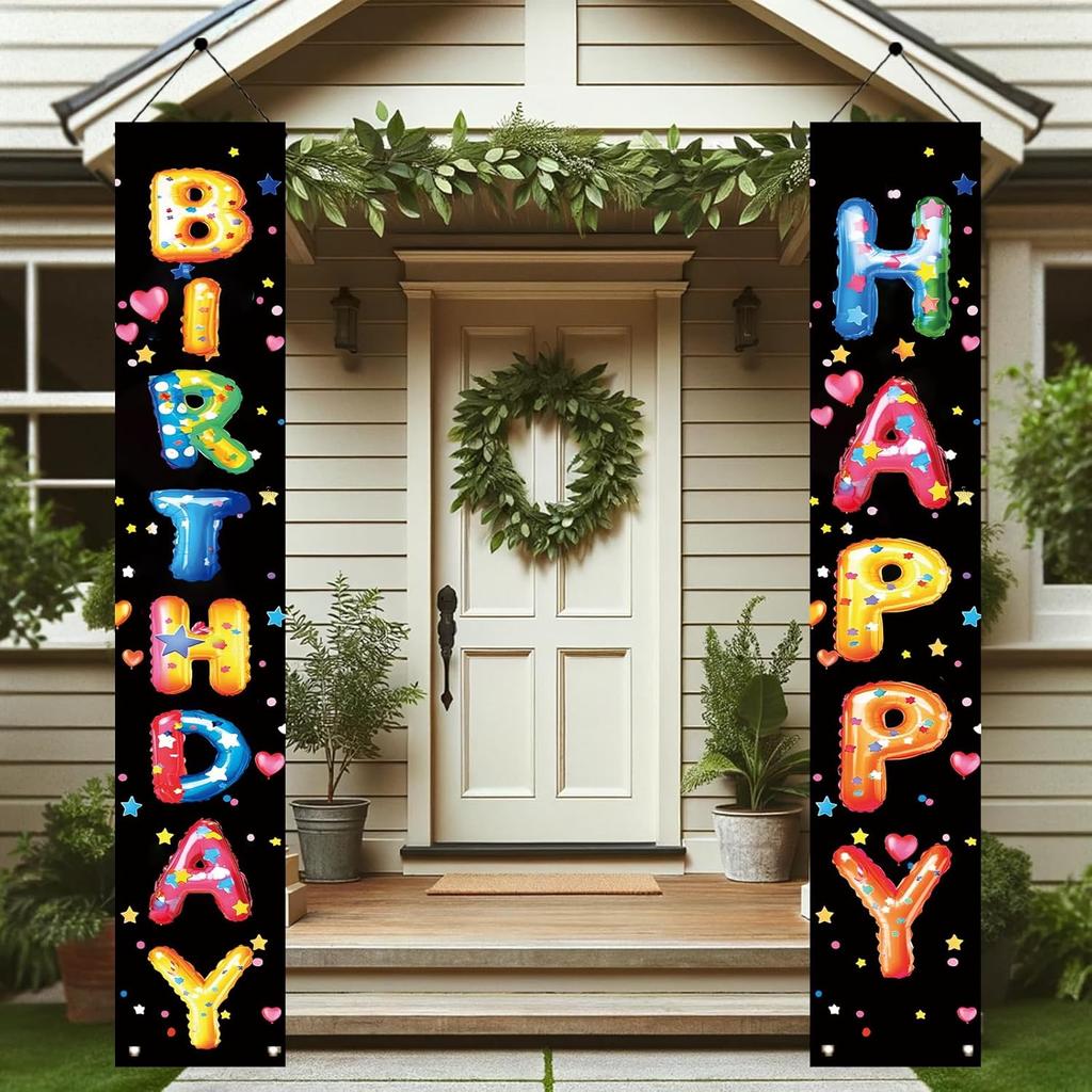2PCS Happy Birthday Porch Hanging Banner Porch Sign Colorful Balloon Letters Party Decorations Birthday Party Supplies Door Banner Wall Hanging for