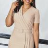Women's Summer Short-Sleeve V-Neck Fashionable Elegant Solid Color OL Bodycon Dress