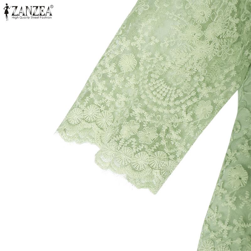 ZANZEA Bluză elegantă cu gât în V, mâneci 3/4, casual pentru femei, cu broderie și dantelă