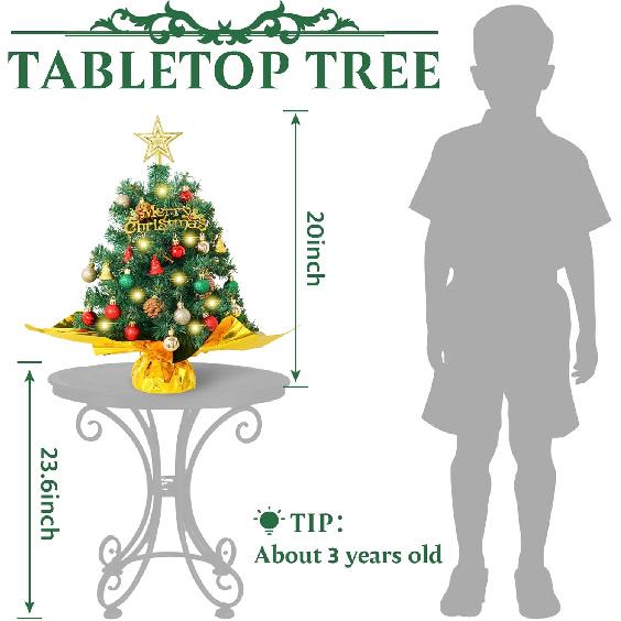 XmasExp 20in Mini Christmas Tree Artificial Small Christmas Tree with Lights,Star Treetop,Ornaments Balls,Bells and Pine Cones DIY Xmas Decorations