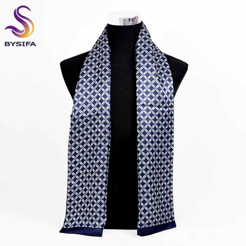 [BYSIFA] Navy Blue Gold Plaid Men Silk Scarves Fashion Accessories Autumn Winter Male Pure Silk Long Scarves Cravat 160*26cm