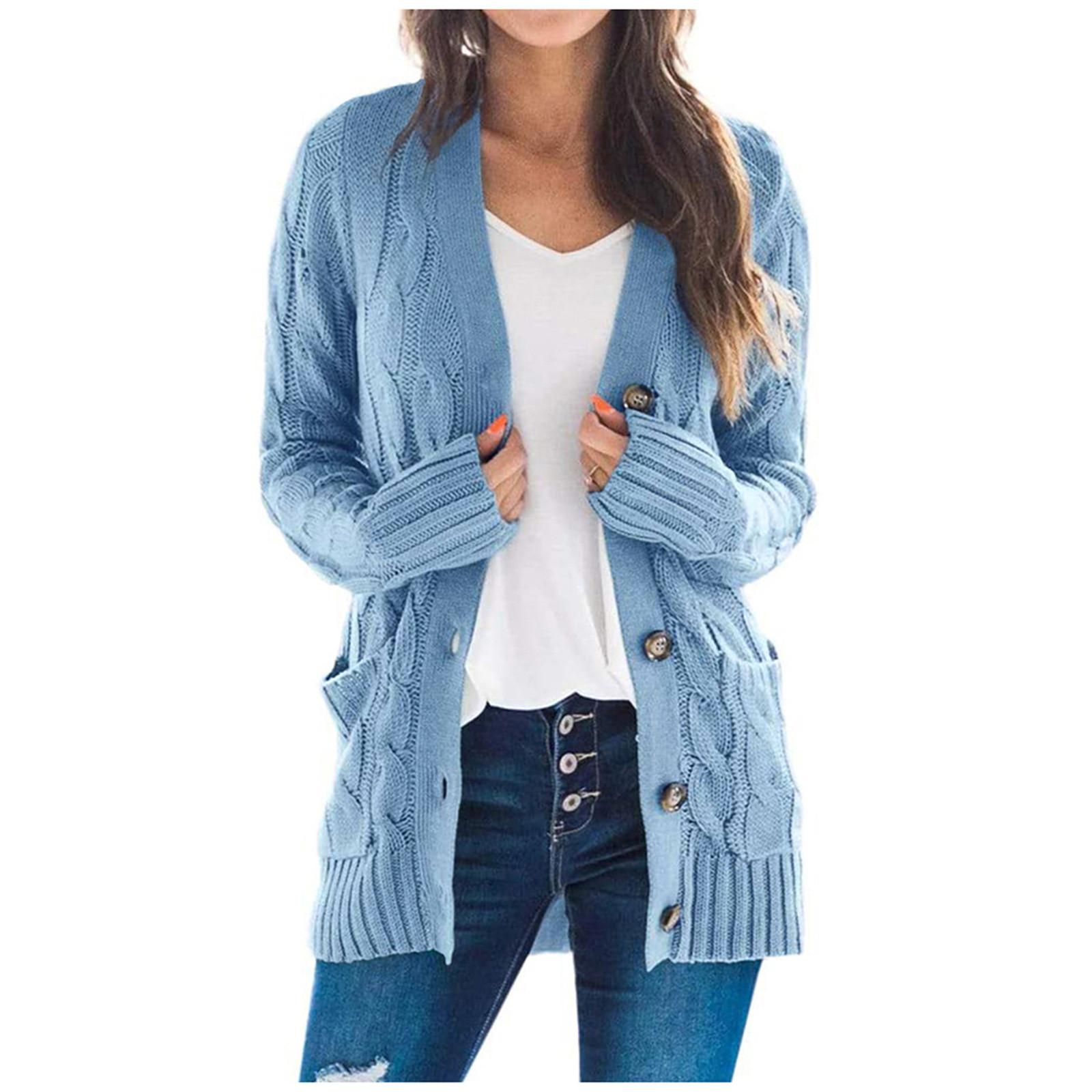 

Womens Boho Patchwork Cardigan Long Sleeve Open Front Knit Sweaters Coat Pockets L синий