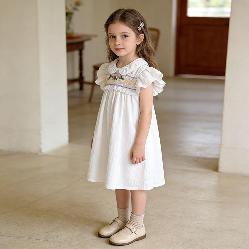 Girls Cotton Dress White Embroidered Smocked Sleeve Princess Kids Party