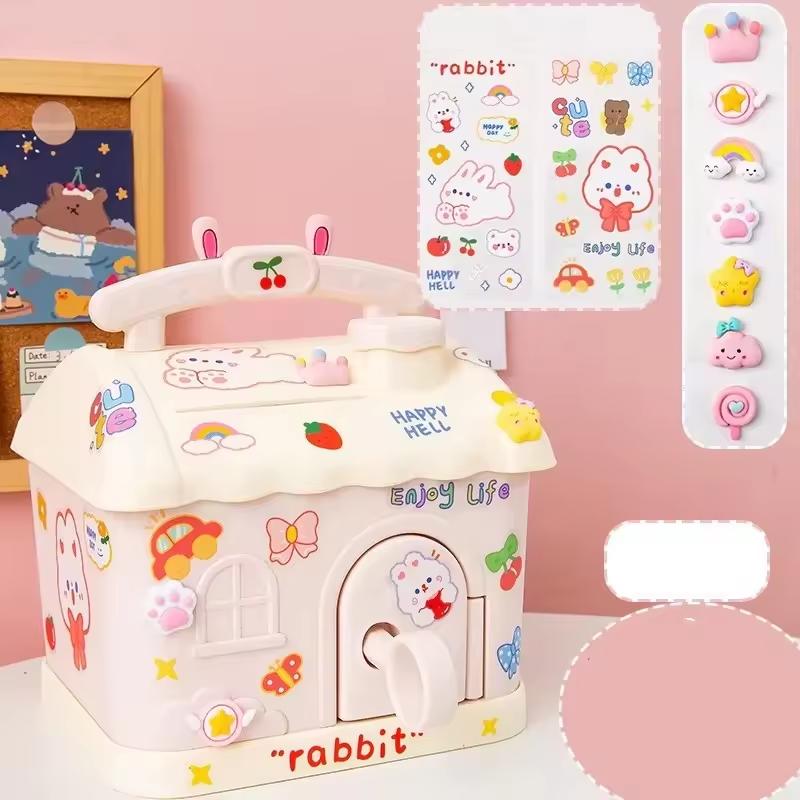 Cute House Money Box With 3D Sticker Kawaii Piggy Bank for Kids Adults Big Size Savings Box for Coins Banknotes Birthday Gift