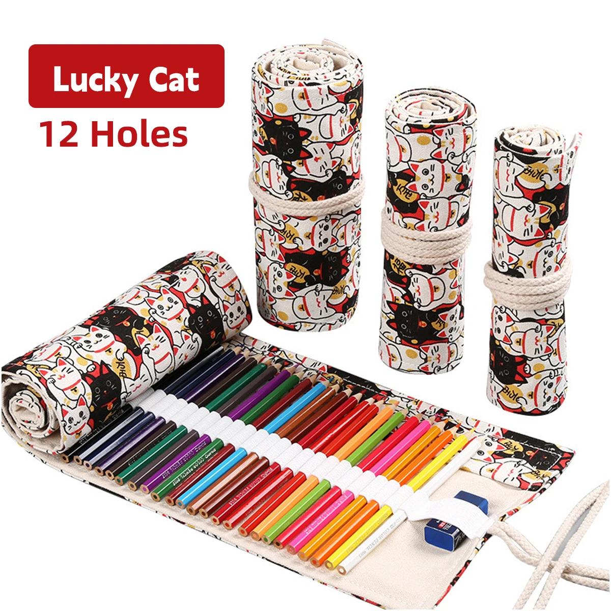 

12/14 Hole Kawaii Handmade Canvas Curtain Large Capacity Pencil Bag School Student Colored Pencil Sketch Stationery Box