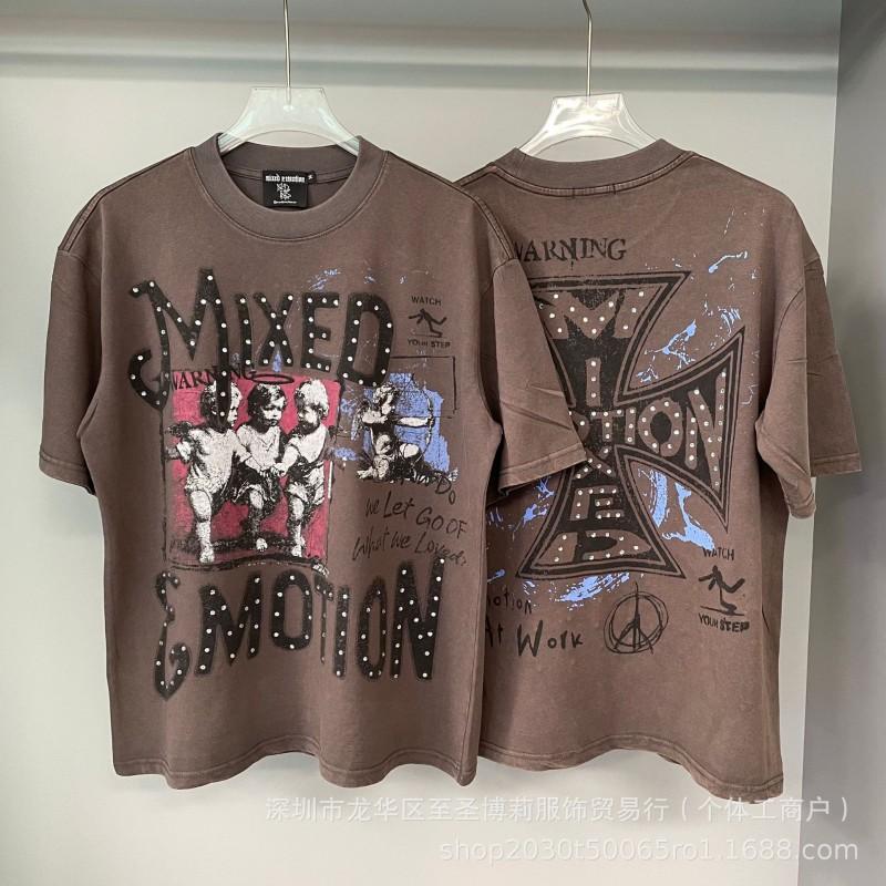 Unisex Vintage American Style Loose Fit Cotton Tee With Embellished Letter Print Round Neck Short Sleeve