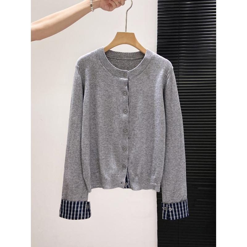 Plaid splicing single-breasted cardigan women's spring and autumn fashionable top knitted sweater versatile jacket