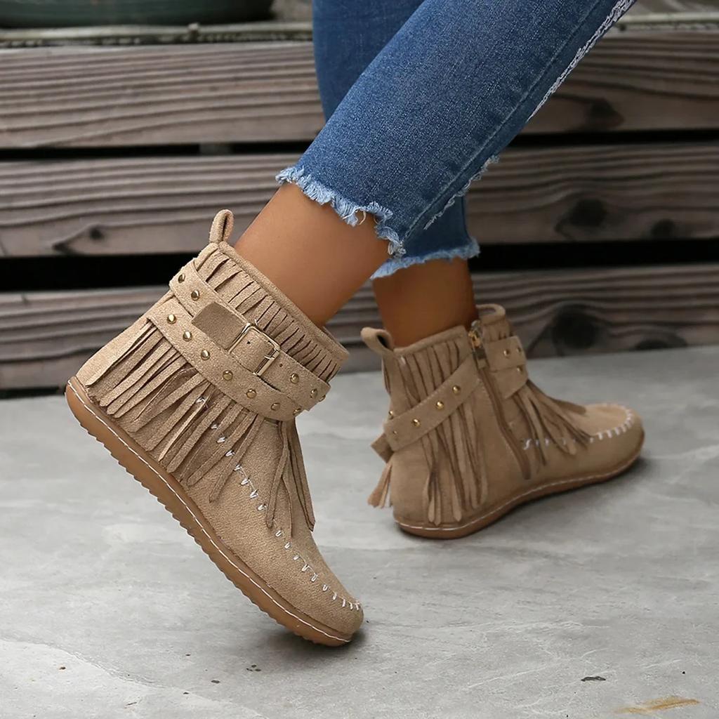 Fashion European American Cross Border Riveted Flat Bottom Tassel Cotton Boots Autumn and Winter Short Round Head Suede Riding Boots