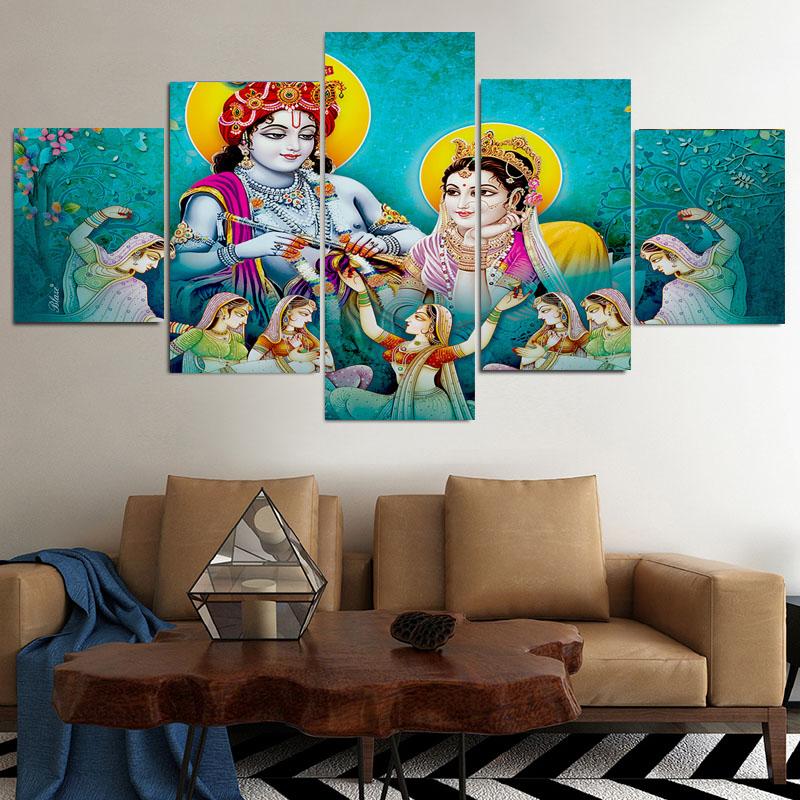 5 Panels Lord Krishna Figure Canvas Painting Nordic Abstract Posters and Prints Wall Picture for Living Room Home Decor No Frame