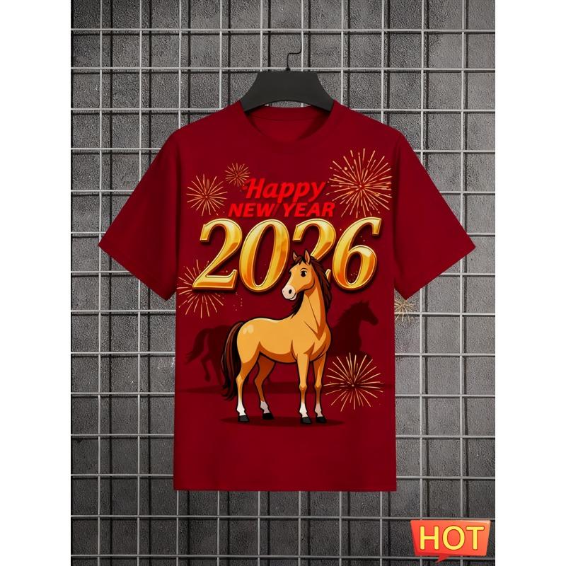2026 Happy New Year Letters Horse Pattern T Shirts Fashion Trendy Men Women 3D Printed T-shirts Loose Streetwear Crew Neck Tees S