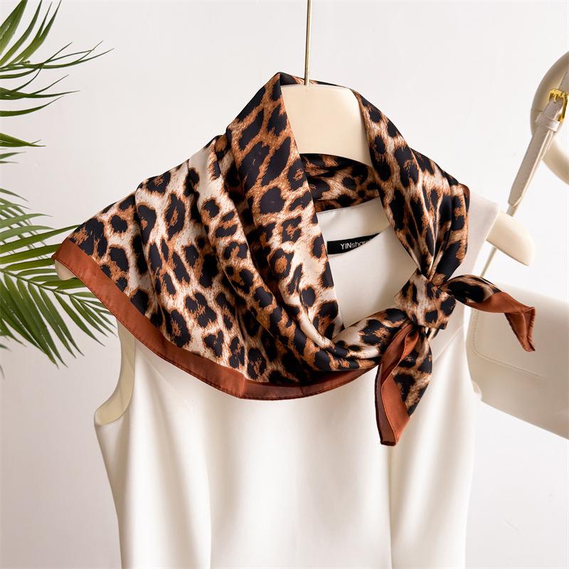 Scarf For Women Spring/Summer Imitation Silk Square Scarf Decoration Bandanna Leopard Print Neckerchief Luxury Headband Hijab