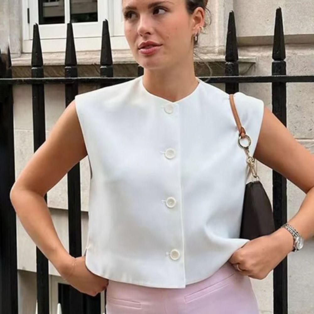 

Round Neck Waistcoat Top Solid Color Cropped Coat Women Retro Casual Vest Top Female