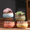 Gradient Lotus Shaped Ceramic Succulent Pot Breathable Coarse Pottery Flower Pot for Home Office Desktop Decor