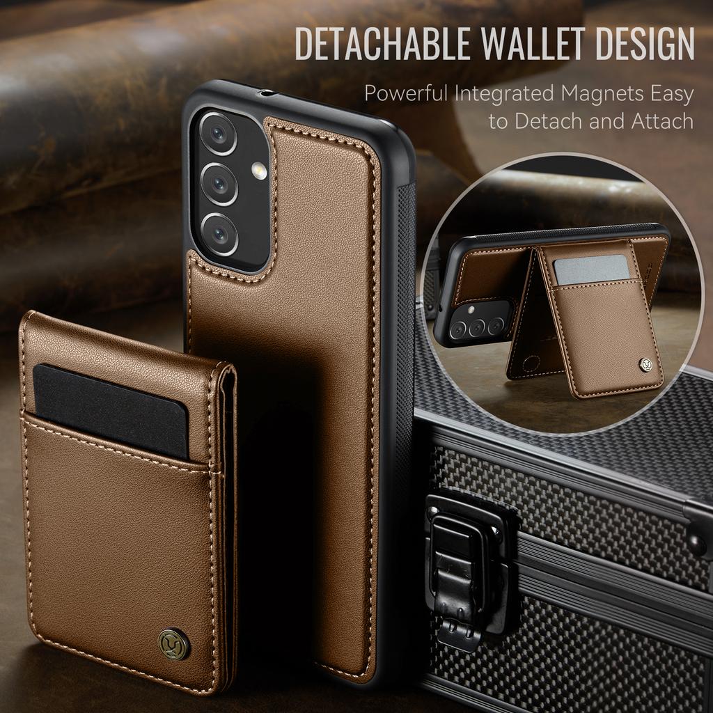 For Samsung Galaxy A34 5G Leather Back Cover Compatible with MagSafe JEEHOOD J06 Phone Case with Card Bag RFID Blocking