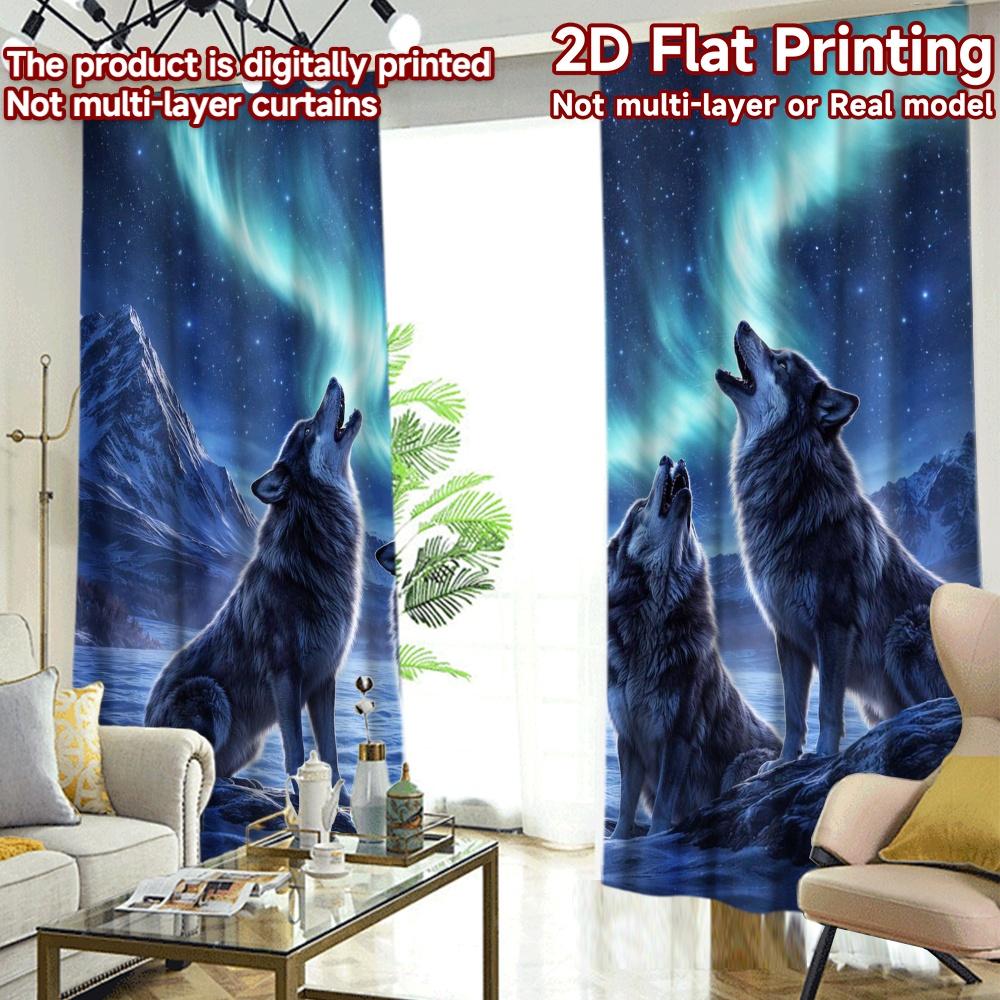 2D FLAT PRINTING 2pcs Curtains (Without Rod) Wolves Howling Under Aurora Print Chic Curtains Versatile Polyester Fabric Curtains