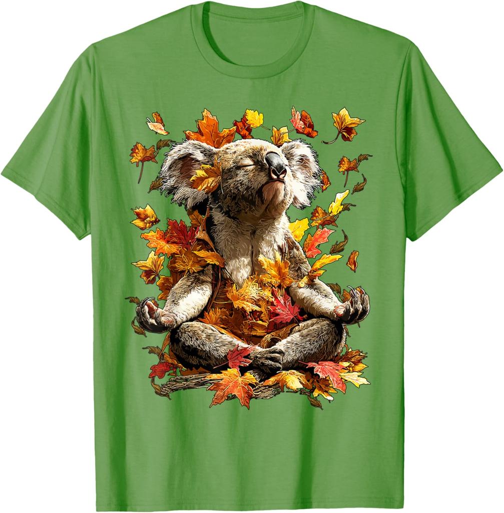 Meditating Koala Autumn Leaves Graphic Tee Men Women Casual Soft Cotton T-Shirt
