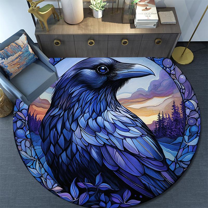Blue Raven Round Area Rug,Carpet Rug for Living Room Bedroom Sofa Playroom Decor,Non-slip Floor Mat