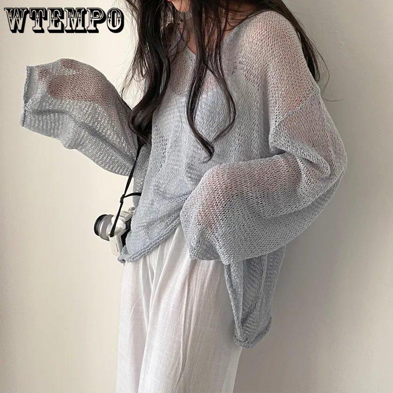 WTEMPO Loose Full Sleeve Jumpers Tops Hollow Out Solid Sexy Knitted Pullovers Women Fashion Casual Streetwear Chic Sweaters