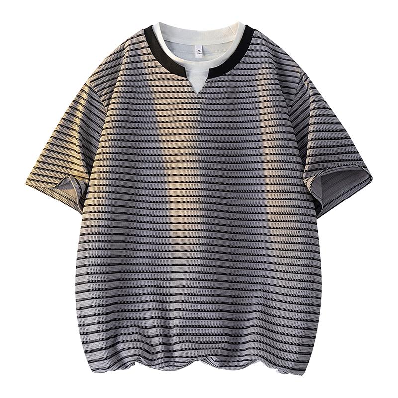 Retro Striped T-shirt Men's Summer Loose V-neck Half-sleeved T-shirt Men's Top