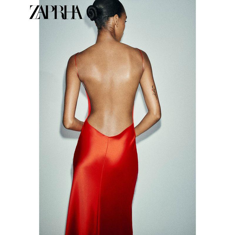 Zaprha 2025 Summer New V-neck Spaghetti Strap Backless Silk Satin Texture Long Sling Dress 3067213