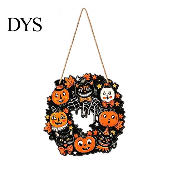 Halloween Theme Party Supplies Wooden Hollow Round Hanging Sign, Pumpkin Spider Web Haunted Ghost Bat Ornaments House Ornament with Hemp Rope, Festive