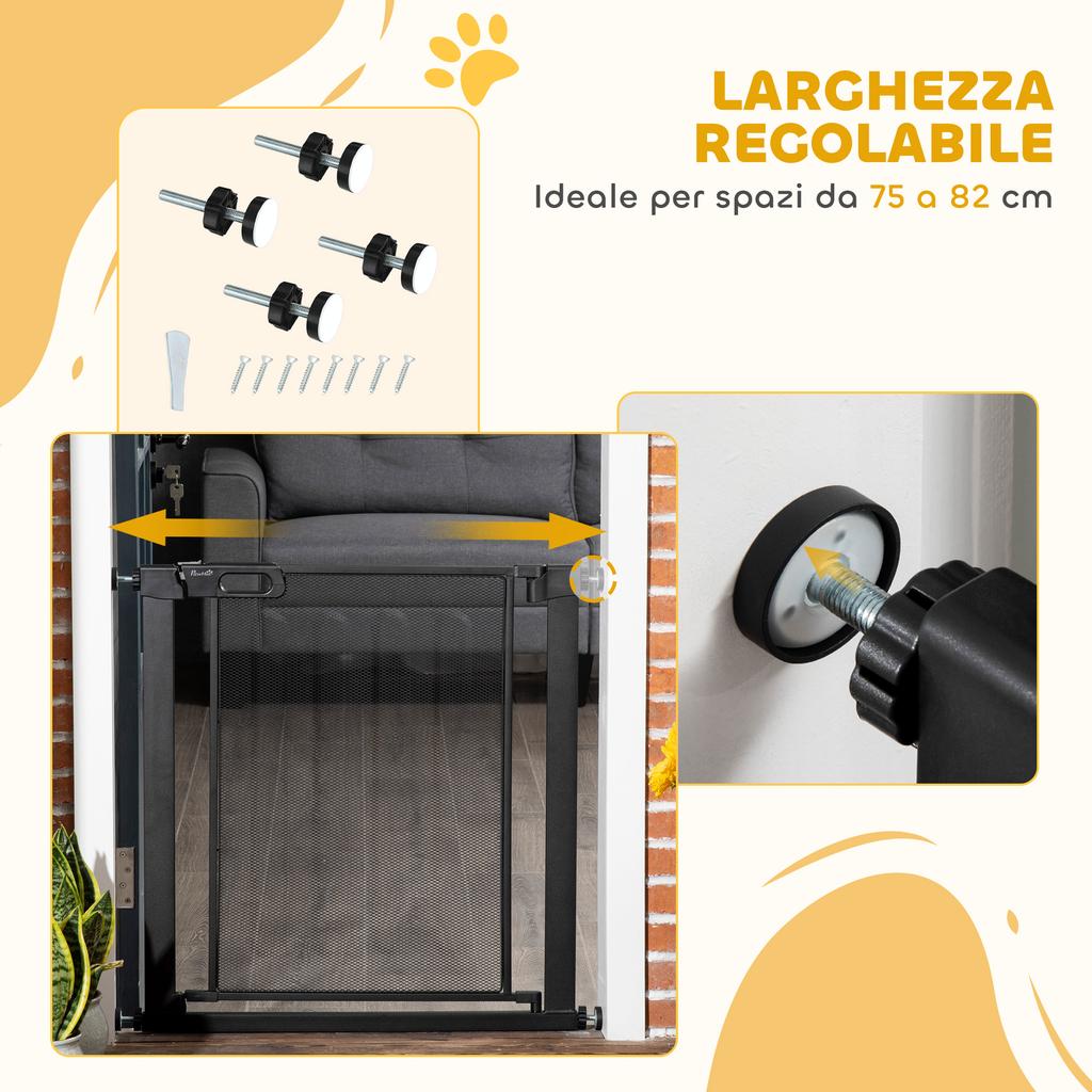 Druck-Hundegitter mit automatischer Schließung, Stahl und ABS, 75-82x76 cm, Schwarz