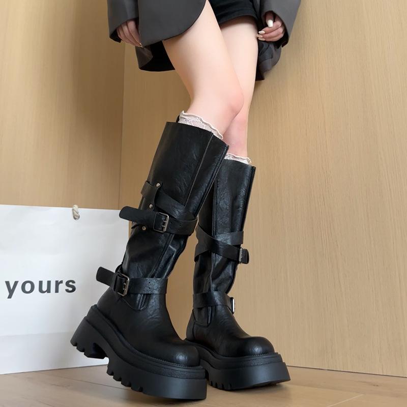 Thick-soled belt buckle boots locomotive autumn new super fire retro versatile knight heightening boots versatile