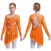 Sparkly Girls Lyrical Dance Dress with Sheer Sleeves Asymmetric Hem Cutout Back for Performance