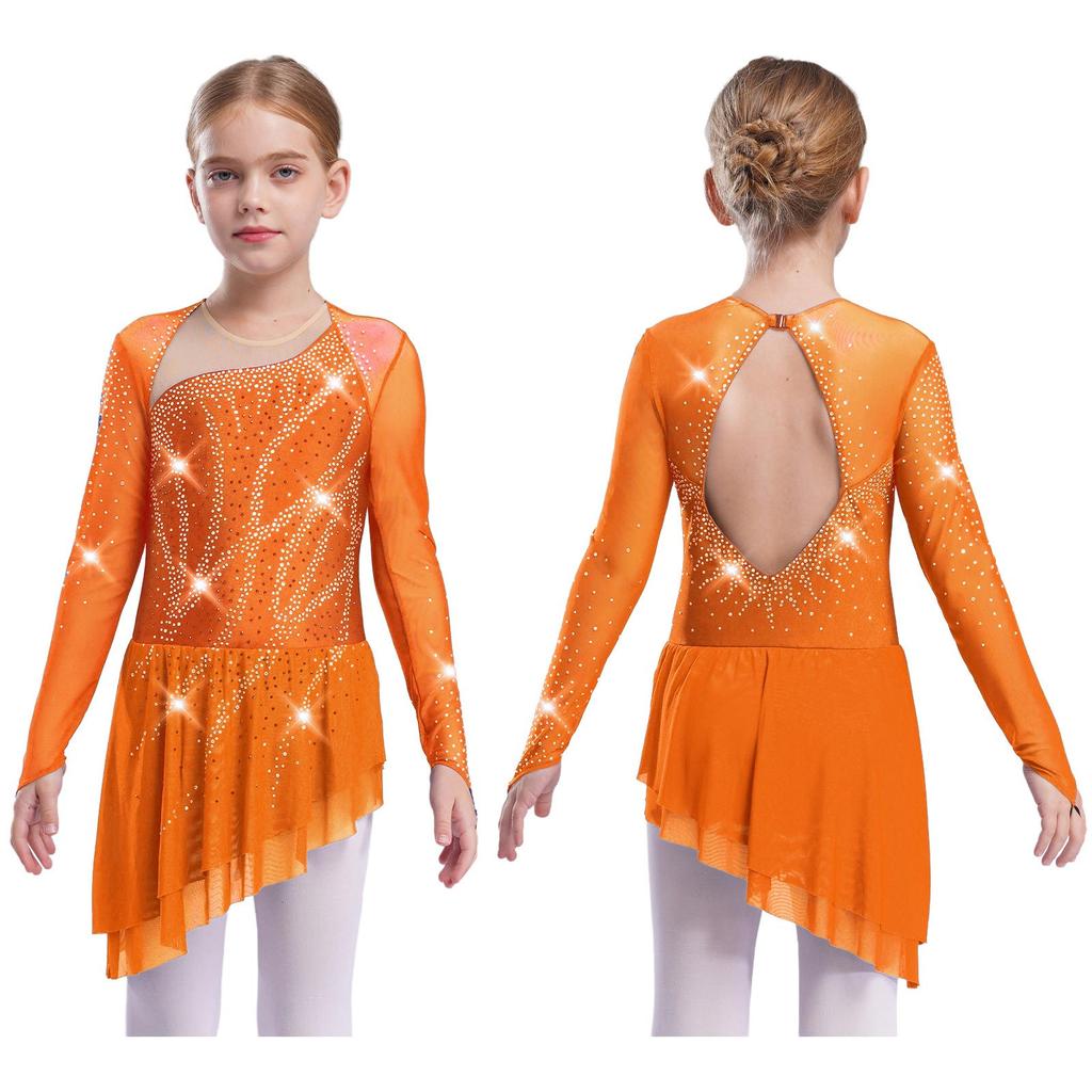 Sparkly Girls Lyrical Dance Dress with Sheer Sleeves Asymmetric Hem Cutout Back for Performance