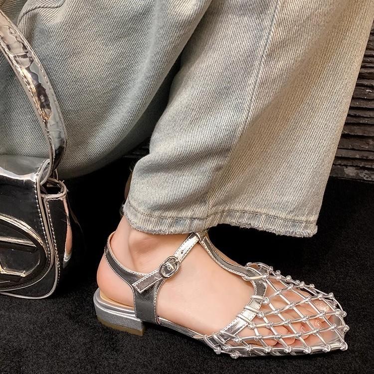 Spot French Retro Gold Hollow Mesh Silver Beautiful Bag Head Sandals Women's Rear Empty Buckle Belt Low Heel Women's Single Shoes