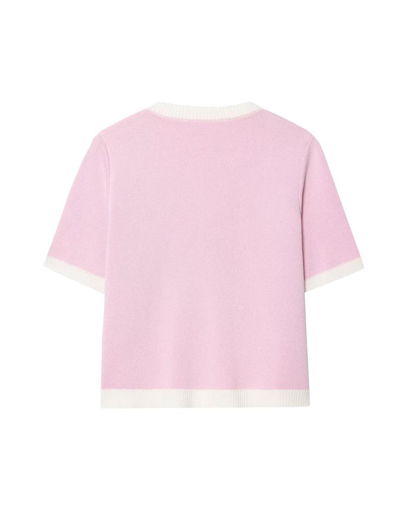 Women's European/American Color Block Knit Top, Round Neck, Short Sleeve, Autumn Collection.