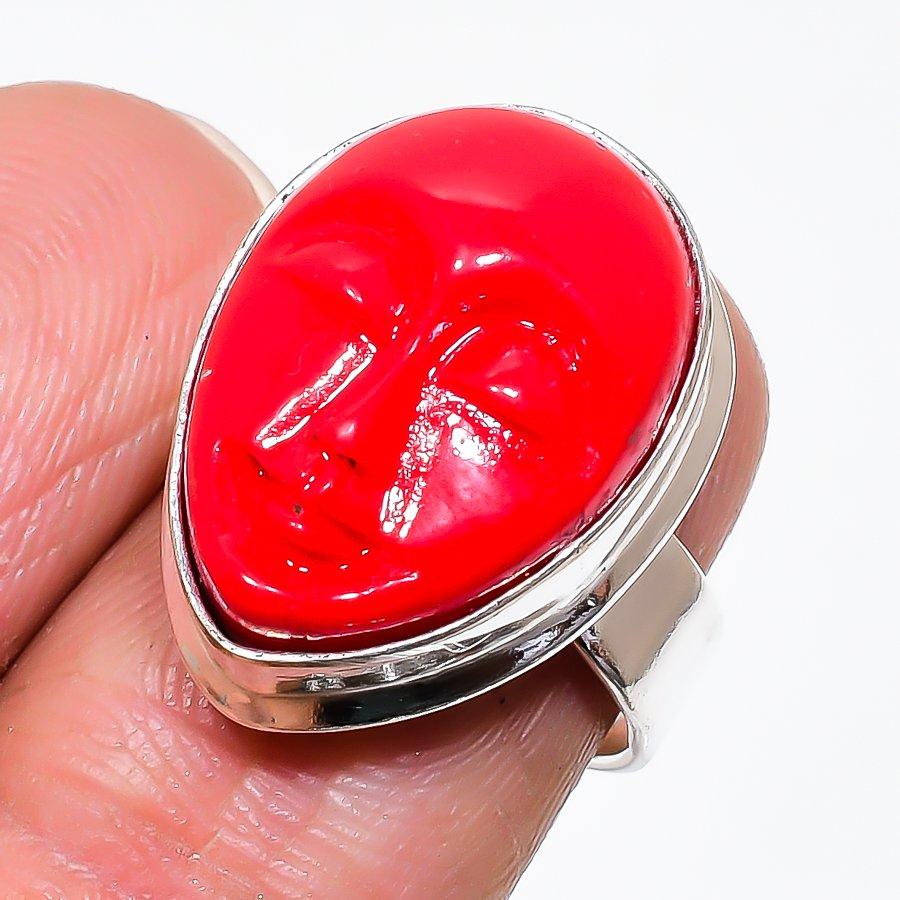 Natural Cameo Red Coral Gemstone 925 Sterling Silver Jewelry Ring Size 6 AR-16471