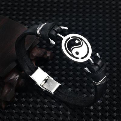 Retro Yin Yang Stainless Steel Leather Men's Bracelet - Tai Chi Bagua Ethnic Style Hand Jewelry