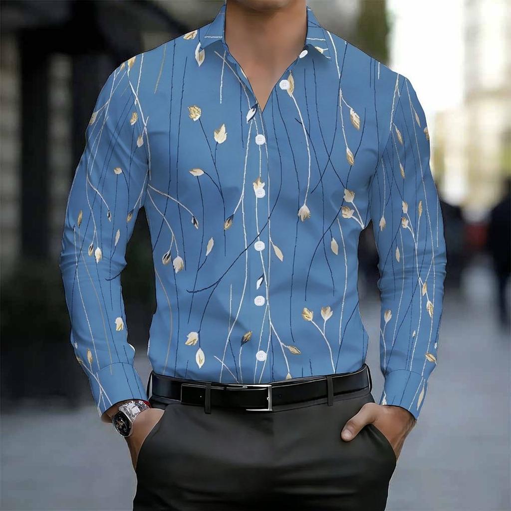 Men Collared Shirt Black Pink Floral White Star Print Long Sleeve Button Down Top