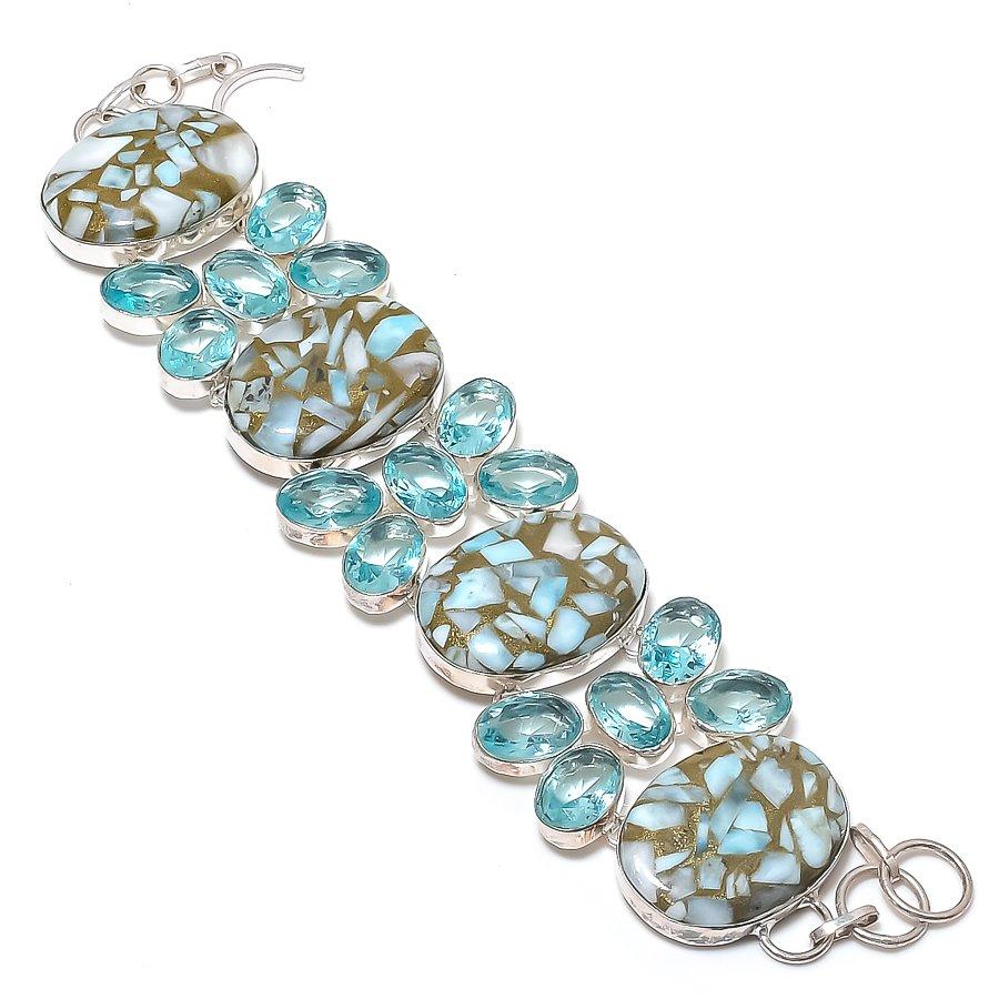Natural Copper Larimar, Topaz Gemstone 925 Sterling Silver Bracelet 7-8" f0u74