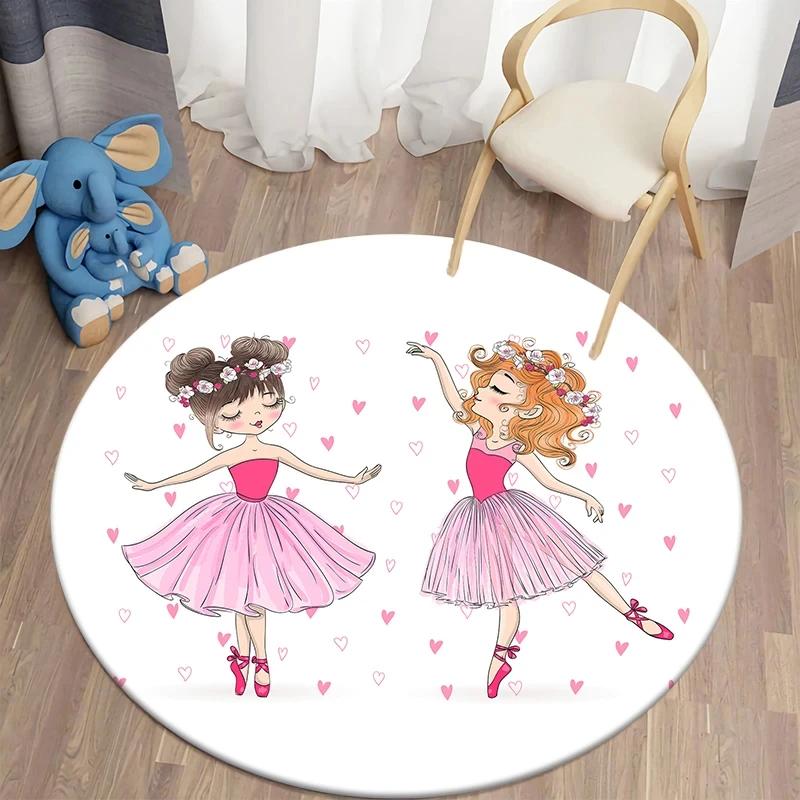 Ballet Dancer Girl Round Carpet Cute Cartoon Animal Fairy Print Area Rug For Bedroom Living Room Decor Non-Slip Play Floor Mat