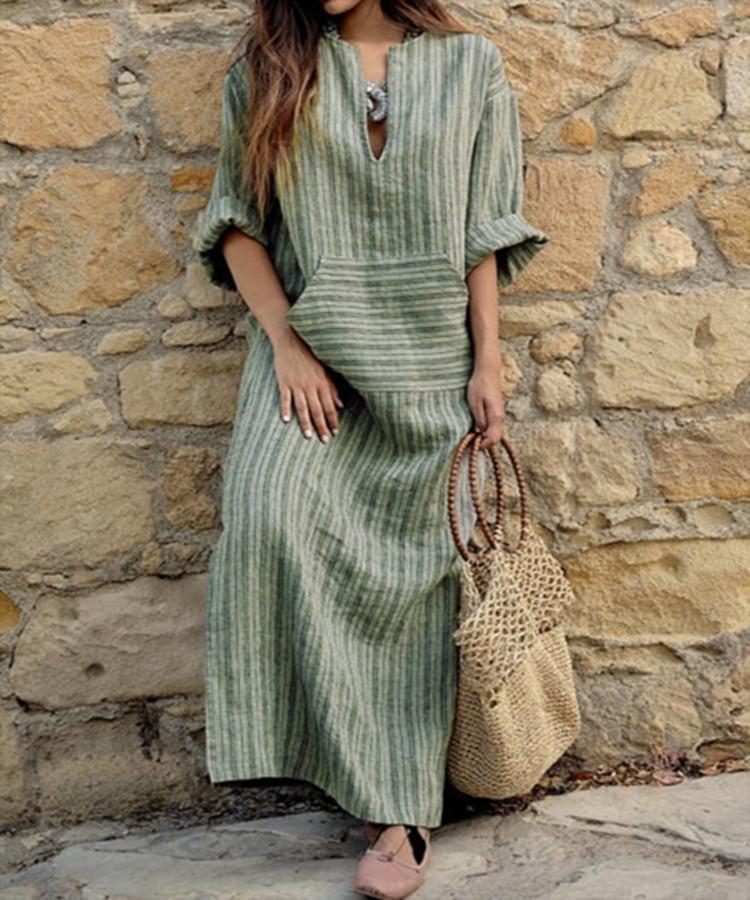 Women's European/American Cotton Linen Striped Pocket Dress