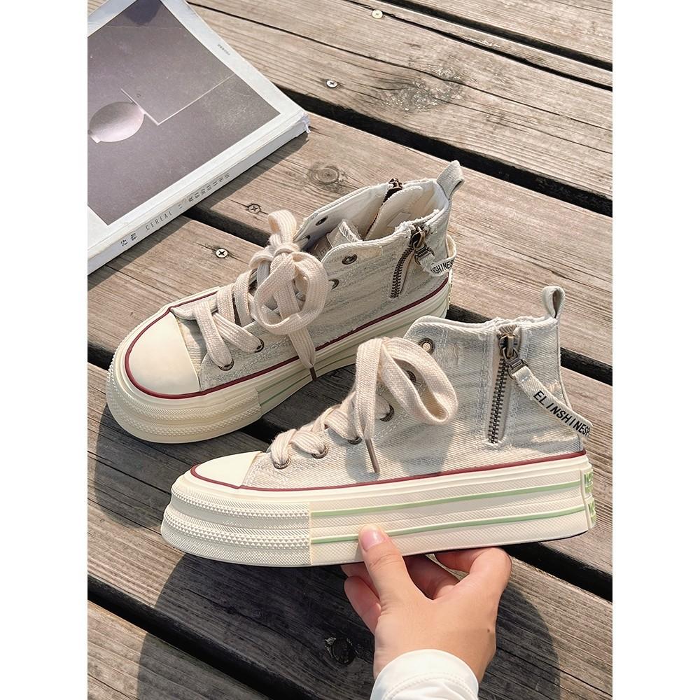 Canvas Shoes Women's 2025 New Spring Students Casual Breathable Non-slip Sports Mid-help Thick-soled Muffin Little White Board Shoes
