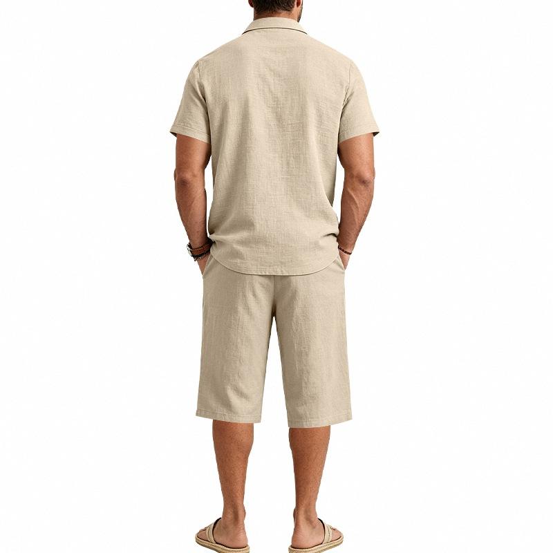 Summer Men's Casual Sportswear Sets Lapel Men's Short-Sleeved Shirt and Shorts Solid Beach Set
