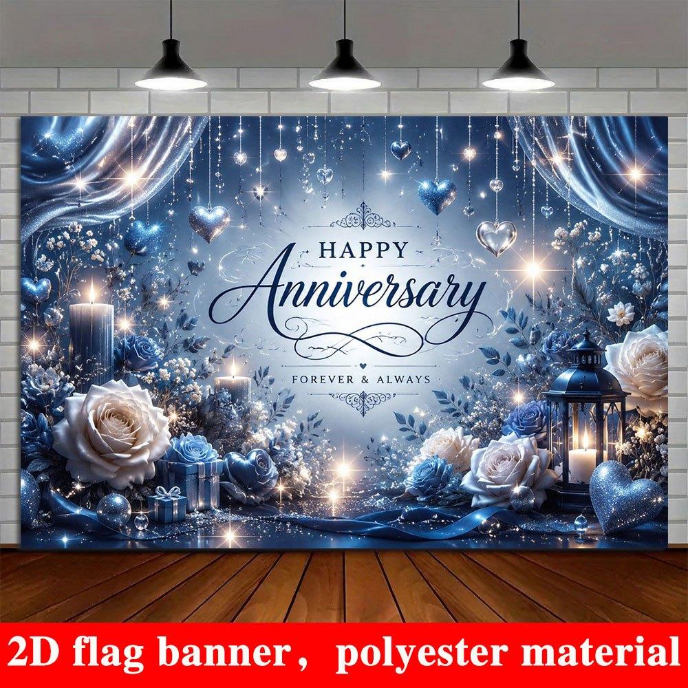 2D Flat Banner, Wedding Backdrop, Blue and White Roses, Heart Ornaments, Candle Lanterns