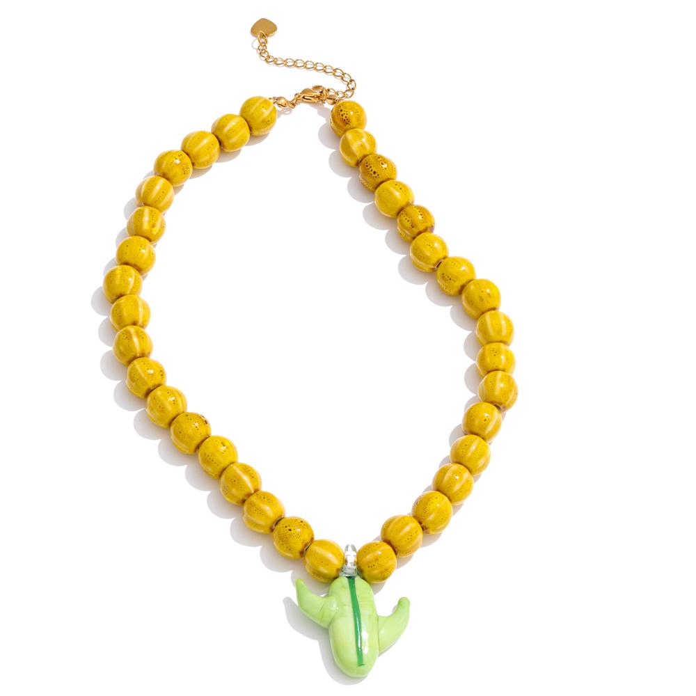 Yhpup Ceramic Blue Yellow Beads Cactus Pendant Fashion Summer Handmade Necklace 2025 New Popular Youth Jewelry Accessories Gift