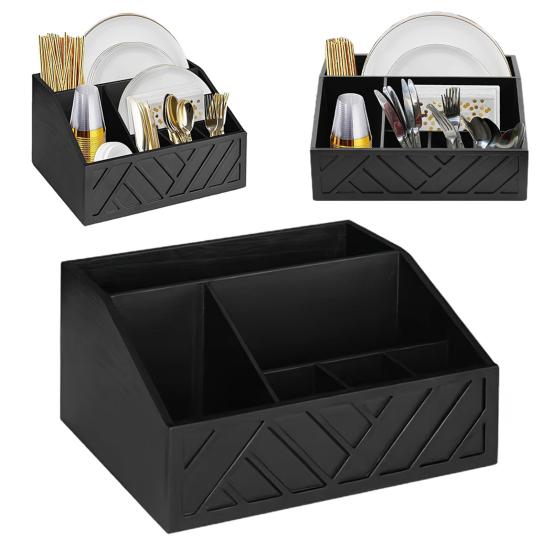 Rustic Wood Paper Plate Dispenser Caddy Organizer Countertop Utensil Holder Caddy with 6 Compartments