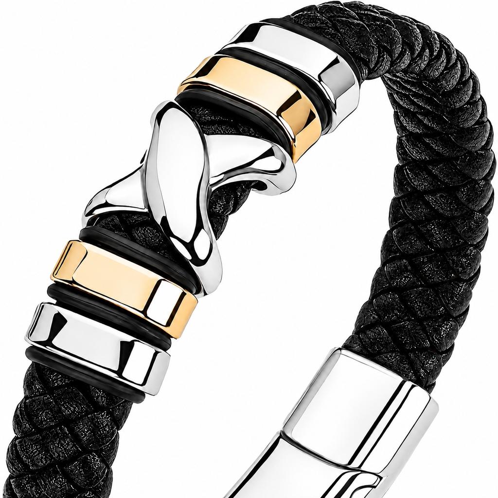 Men' Leather Bracelet Black Braided Gold Silver Gift Thick