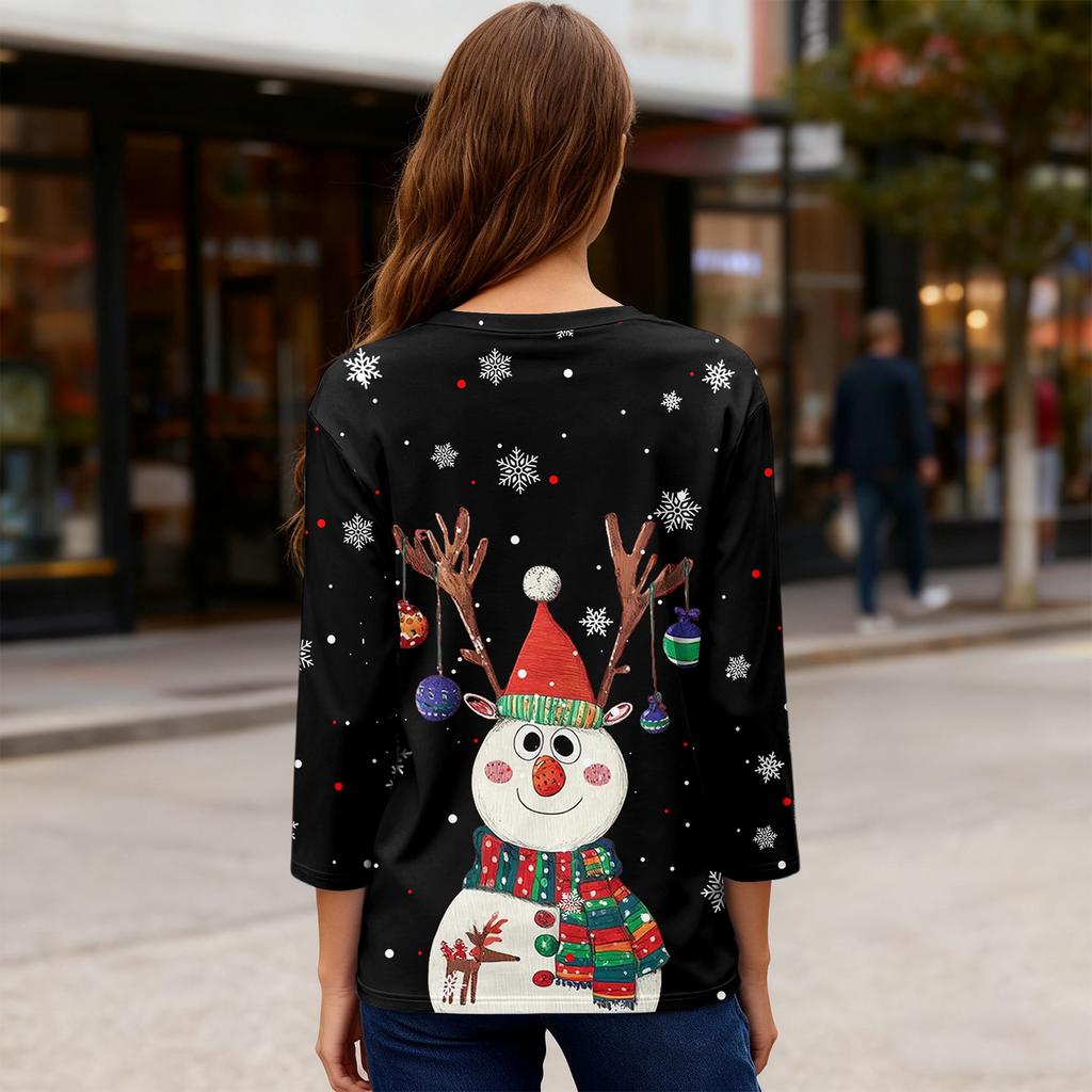 3/4 Sleeve Shirts For Women Print Christmas Tees Blouses Casual Plus Size Basic Tops Pullover
