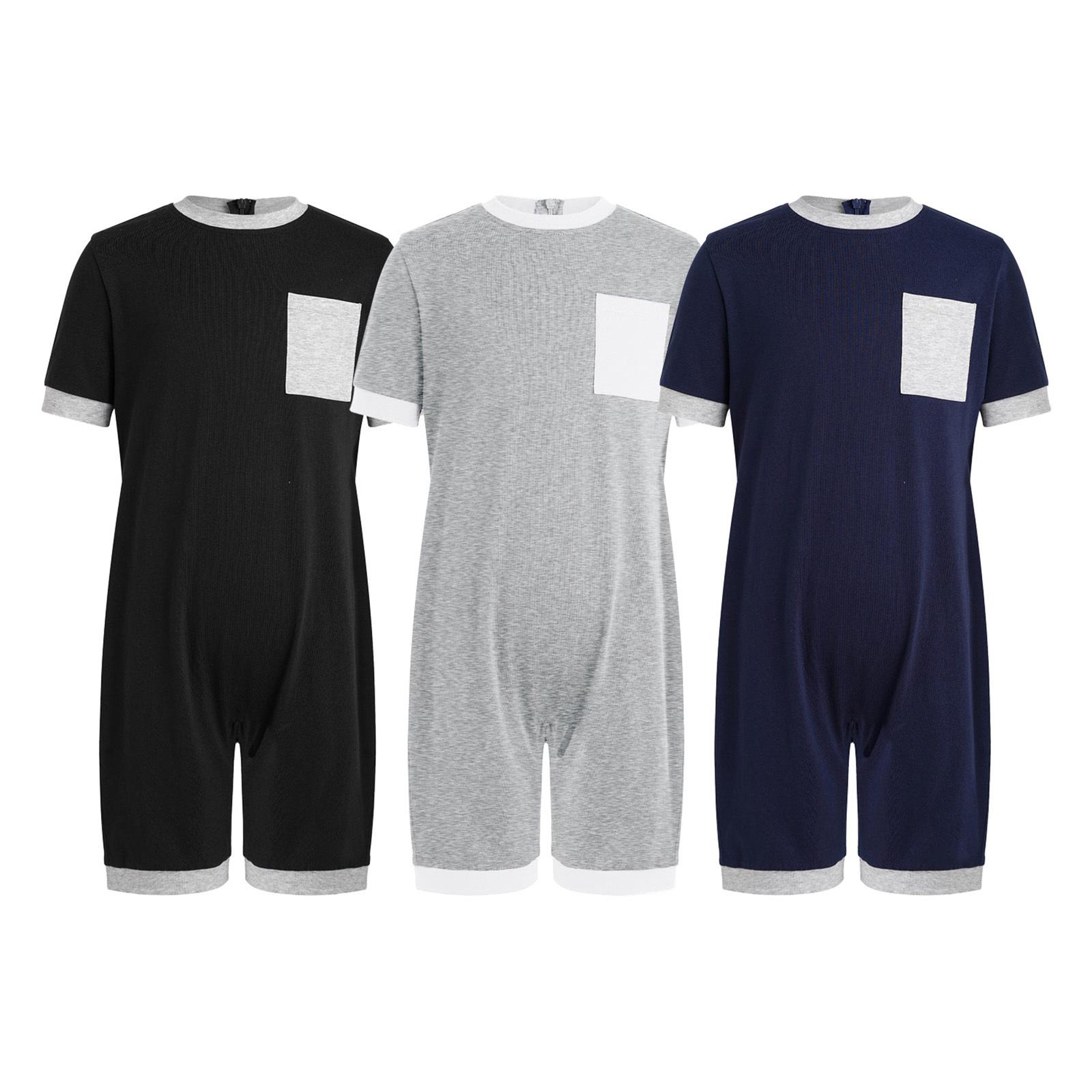 3er Pack Adaptive Anti-Strip Jumpsuit für Kinder Rückseite Unsichtbarer Reißverschluss Rundhalsausschnitt Kurzarm Kontrastfarbe Oberschenkellänge mit Tasche 5-6 Years gray