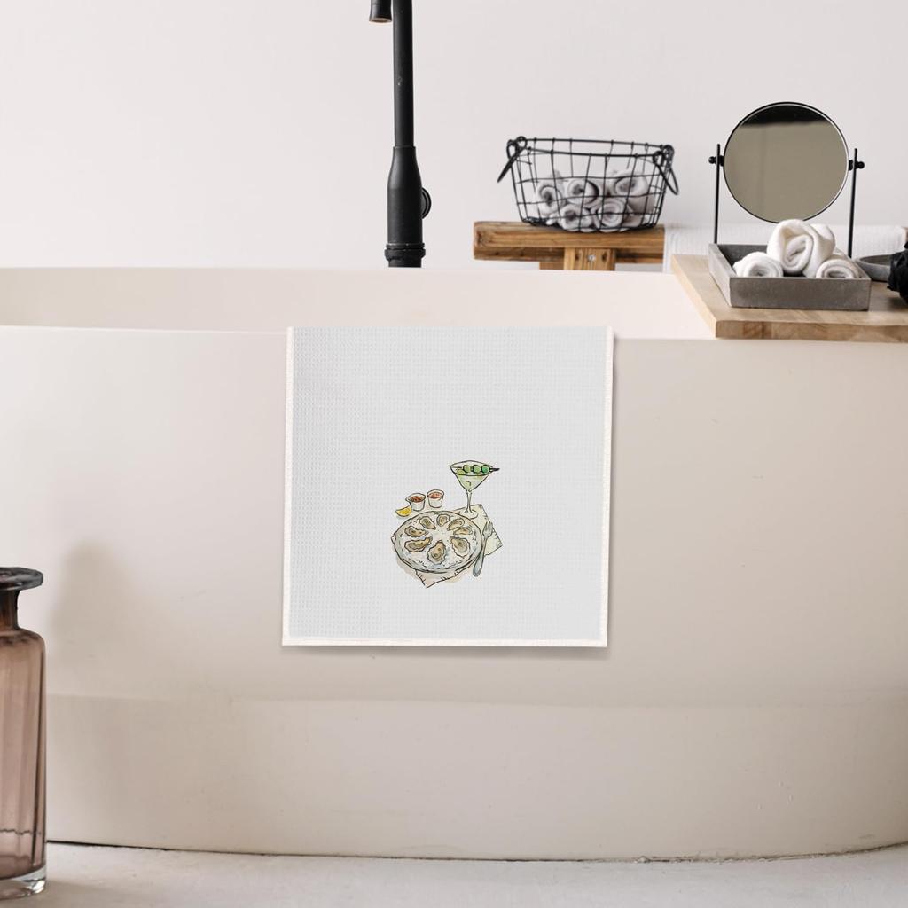 Watercolor Coastal Beach Kitchen Towels, Martini Oyster Seafood Meal Decorative Dish Tea Towels, Nautical Beachy Hand Towels for Kitchen Dining Room